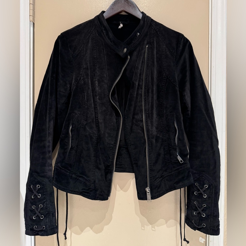 Free People Velvet Moto Laced Sleeve Zipper Jacket Black Size S - Picture 6 of 16